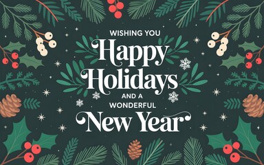 Festive holiday greeting with pine branches, holly berries, and snowflakes wishing you happy holidays and a wonderful new year for seasonal cheer