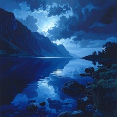 Serene nightscape of a tranquil lake reflecting mountains and a luminous moon
