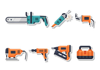 Graphic Assorted construction tools chainsaw grinder staple gun jigsaw drill toolbox