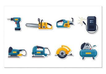 Naklejka premium Illustration shows eight tools drill chainsaw sander and welding mask on a white background