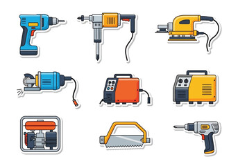 Nine isolated cartoonstyle construction tool stickers with light blue yellow orange gray and black colors on a white background