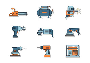 Nine tool stickers arranged in a threebythree grid with white space background