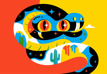 Vibrant Graphic Collage Snake Art with Desert Moon and Stars
