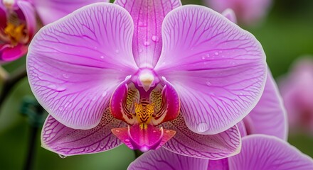 Obraz premium Purple Orchid Flower with Water Droplets Close Up