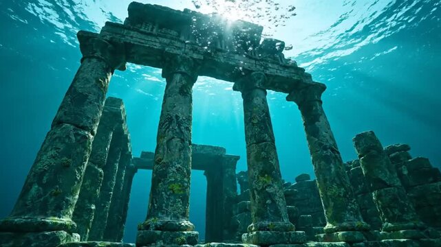 Majestic Underwater Ruins of a Lost Ancient City with Ethereal Sun Rays and Bubbles