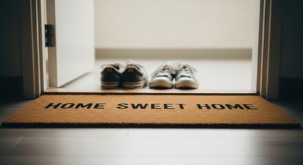 Inviting Entrance: A 'Home Sweet Home' Doormat and Shoes by the Doorway,Simple Welcome: A Cozy Home Scene with a Doormat, Shoes, and an Open Door Frame