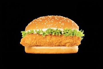 Delicious crispy chicken burger with fresh lettuce on a black background view