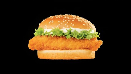 Crispy chicken burger with lettuce and mayonnaise isolated against black background