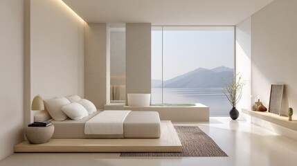 Fototapeta premium Cozy bedroom featuring a spacious layout, large windows with a mountain view, and a tranquil ambiance, perfect for relaxation and comfort.