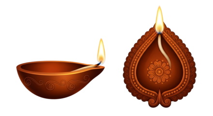 Two lit diyas isolated on transparent background