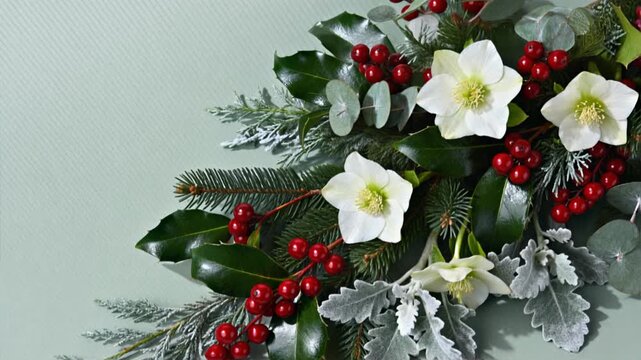 Elegant Christmas floral composition featuring white hellebore flowers, vibrant red berries, glossy holly leaves, frosted evergreen branches, and silver foliage on a green backdrop.