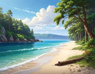 Serene coastal landscape with blue water, sandy beach, and lush forest