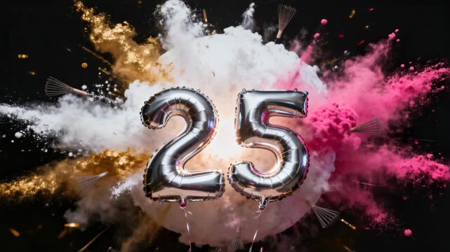 Metallic silver number 25 balloons surrounded by a vibrant explosion of white, pink, and yellow powder on a black background, symbolizing a festive 25th celebration.