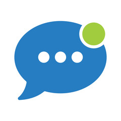 Messaging icon with blue speech bubble, ellipsis, and green notification dot for chat UI and communication signage