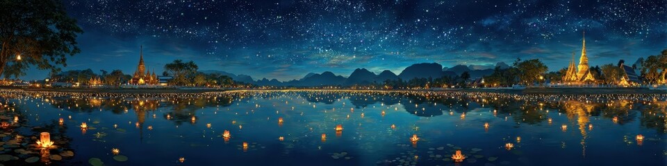 Magical Water Reflection: A Thai Temple and Golden Light Trails Reflected on the Smooth Water Surface During a Night Ceremony.