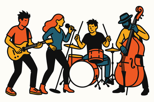 Energetic illustration of a diverse band performing live music with guitar bass drums and vocals