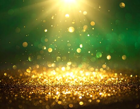 Shimmering light shines on golden glitter particles against a green backdrop