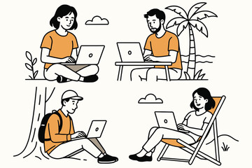 Diverse group of people working remotely on laptops in various outdoor and relaxed settings