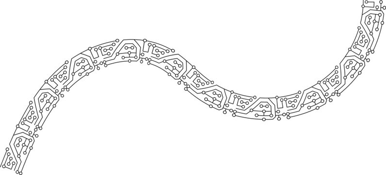 Electronic circuit design with two symmetrical curved waves connected by fine conductive lines.