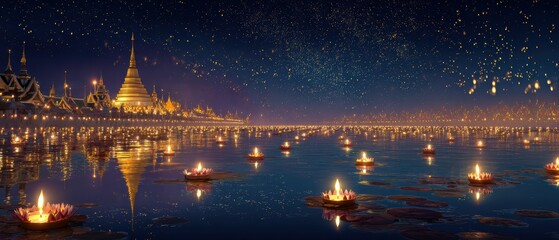 Golden Temple Twilight: Ancient Thai Pagoda Illuminated at Dusk, Reflected in the Water Surrounded by Krathongs.