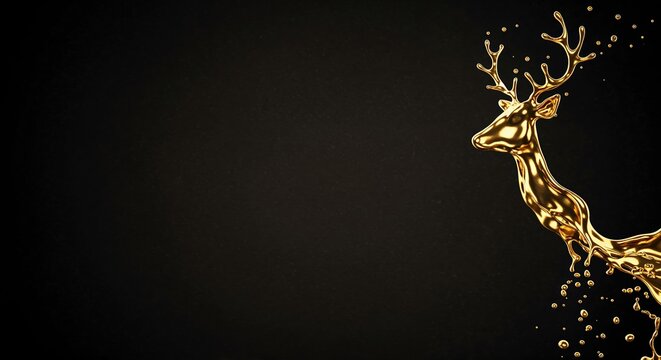 A majestic golden liquid forms the elegant silhouette of a deer with antlers, dynamically splashing against a dark, textured black background with ample copy space.