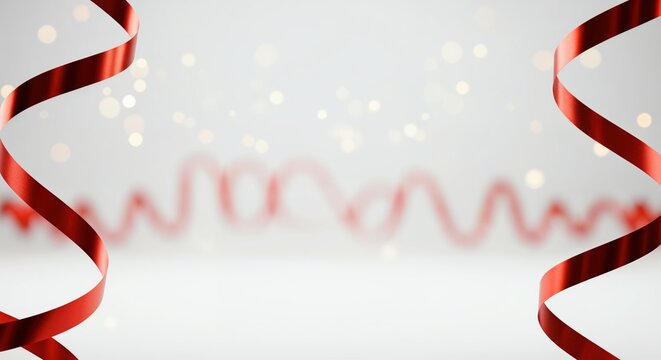 Vibrant red ribbons elegantly spiral down, framing a bright white copy space with sparkling golden bokeh lights in a festive, celebratory atmosphere.