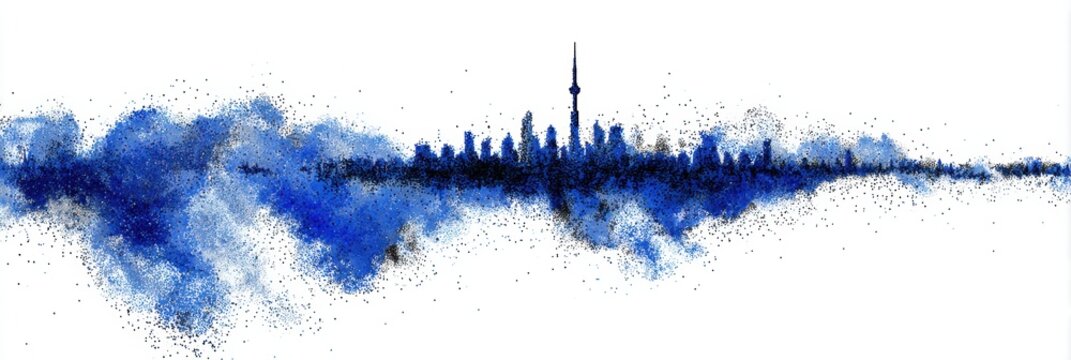 Silhouette of Torontos skyline appears in vibrant blue hues, capturing the energy of the city at twilight with artistic splashes and dots portraying movement.