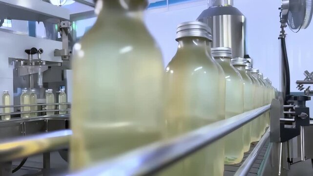 Automated beverage bottling line in a sterile food plant, capped glass bottles moving along a conveyor under machinery, quality control and packaging for shipping