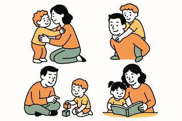 Happy family moments parents hugging children reading playing together in a simple cartoon style