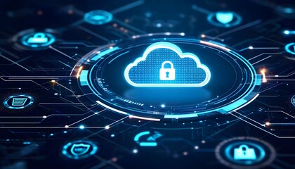 Cloud computing security concept with digital lock on cloud icon.