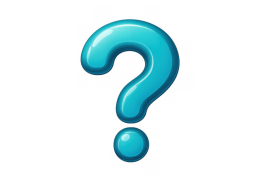 Blue glossy 3d question mark symbol creating concept of doubt, solution, problem or faq on transparent background