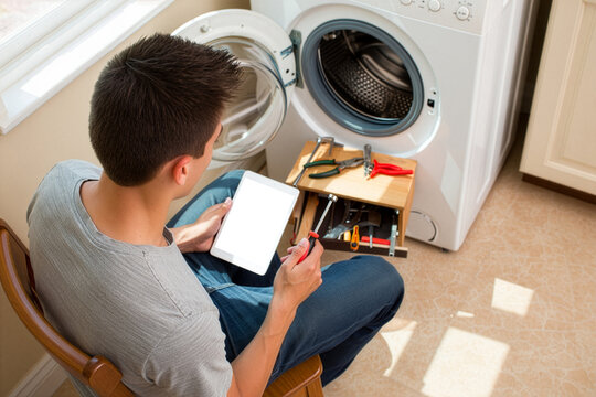 Young man consulting tablet for washing machine repair instructions at home
