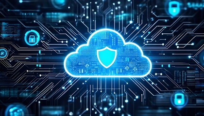 Fototapeta premium Abstract concept of cloud computing security and data protection with a glowing shield icon on a digital circuit background.