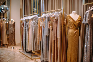 Elegant evening gowns and sparkly dresses displayed in a luxurious boutique