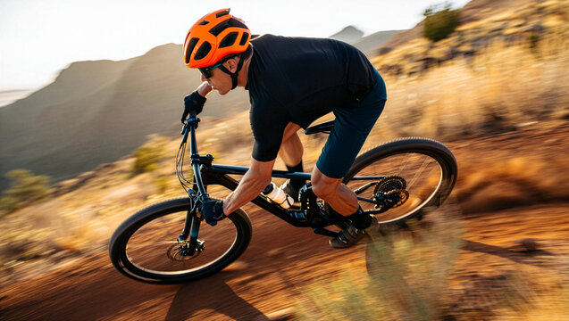 Energetic mountain biker descending a dusty trail at golden hour in a scenic desert landscape - Powered by Adobe
