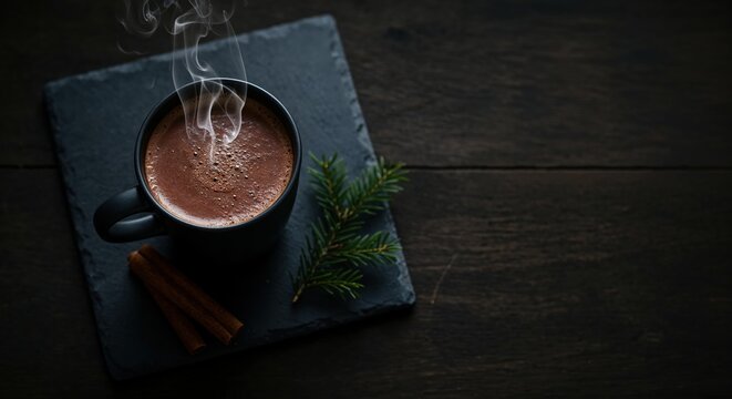 A dark mug of steaming hot chocolate, accented by cinnamon sticks and a green pine branch, is presented on a slate board over a wooden background.