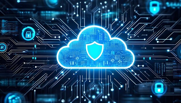 Abstract concept of cloud computing security and data protection with a glowing shield icon on a digital circuit background.