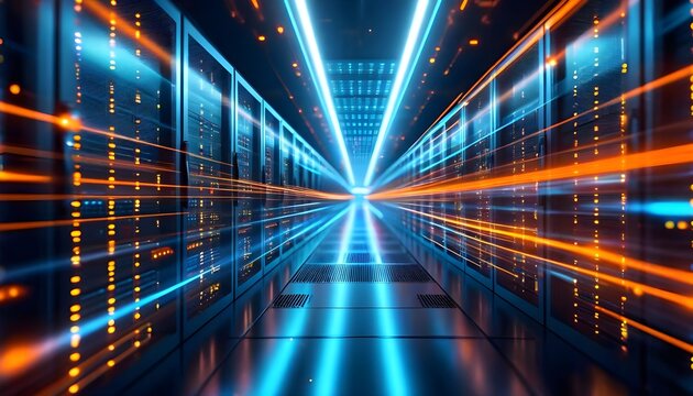 A futuristic server room with glowing blue and orange lights creating a sense of speed and data flow.
