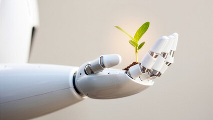 Robotic hand holding a small green plant symbolizing technology and sustainable growth