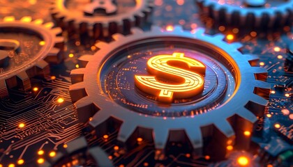 Digital gears with glowing dollar sign symbolizing financial technology and economic mechanisms.