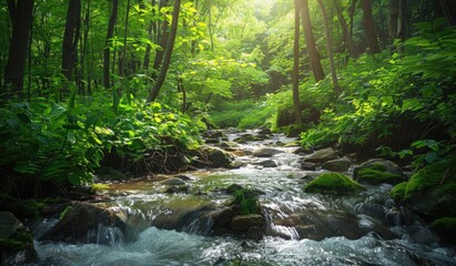 Stream flowing in forest with sunlight, nature background for wallpaper or print