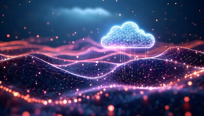 Digital cloud computing concept with glowing lines and data points, representing connectivity.