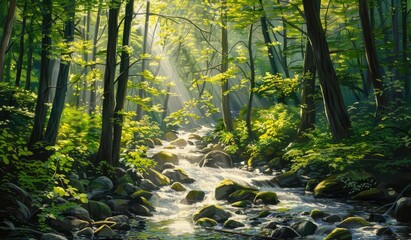 Stream flowing through forest in sunlight. Background shows lush greenery. Stock photo