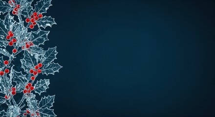 Icy holly leaves with bright red berries form a festive winter border on a deep dark blue background, offering elegant copy space for holiday designs.
