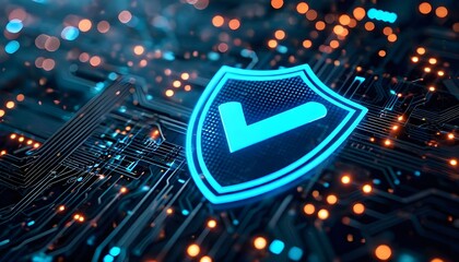 Glowing blue shield with a checkmark symbolizing digital security and data protection over a circuit board.