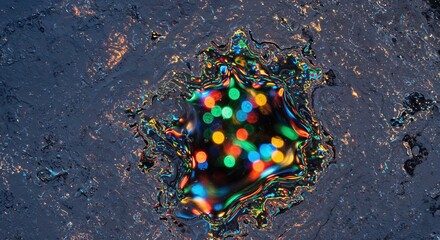A vibrant macro view captures colorful bokeh lights vividly reflected in a dark, textured liquid surface, creating an abstract and mesmerizing iridescent pattern.