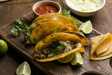Birria tacos with dipping sauce on wooden board