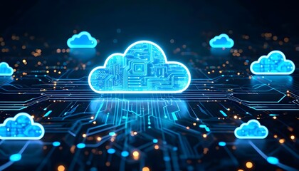 Digital cloud computing concept with glowing circuit board design, representing data storage.