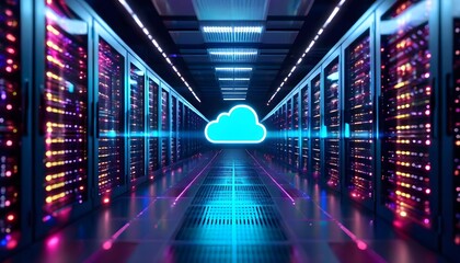 A glowing blue cloud icon floats in the middle of a futuristic data center server room.