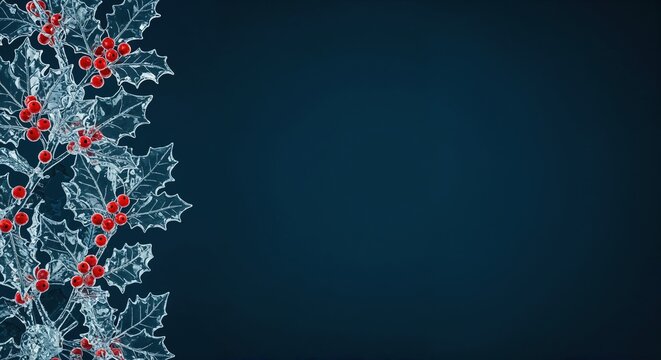 Icy holly leaves with bright red berries form a festive winter border on a deep dark blue background, offering elegant copy space for holiday designs. - Powered by Adobe